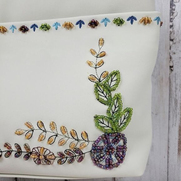 Floral Bead Embellished Handbag Purse Cream - Picture 4 of 10